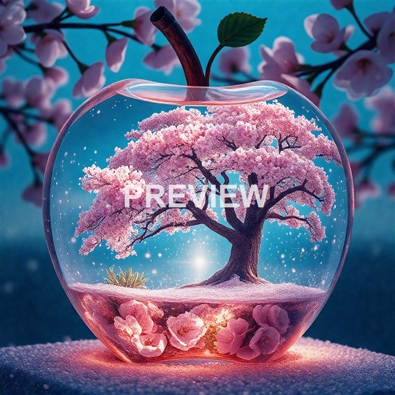 A pink cherry blossom tree is enclosed inside a transparent apple-shaped glass container, with a glowing base and a blue background.